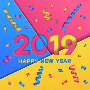 新年快乐，2019年彩色纸风与纸屑和丝带爆裂