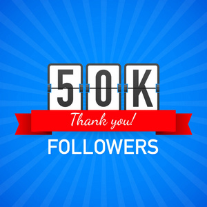 50k 追随者, 谢谢, 社交网站发布。感谢追随者祝贺卡。向量例证