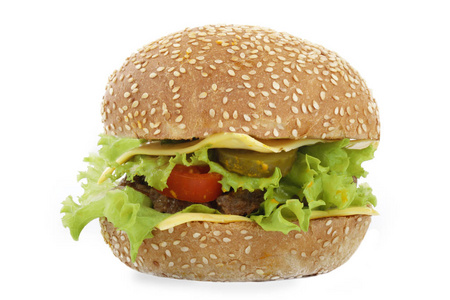 白色背景下分离的开胃芝士汉堡快餐。
