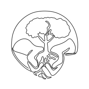 连续的线条插图，一只手握着一棵树在手掌上，设置在椭圆形内，以单林风格黑白。