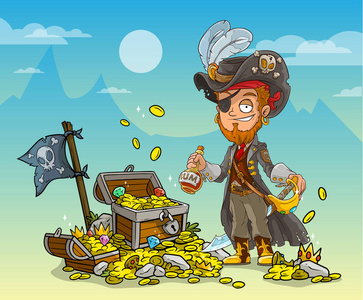 卡通胡子海盗人物戴着朗姆酒剑和宝箱，戴着钻石金币和黑旗。 在蓝山的背景上。