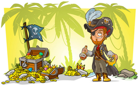 卡通胡子海盗人物戴着朗姆酒剑和宝箱,戴着钻石,金币和黑旗.