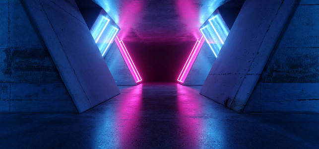 未来科学FI现代现实霓虹灯发光紫粉红色蓝色LED激光管在粗糙混凝土反射暗空隧道走廊背景3渲染插图。