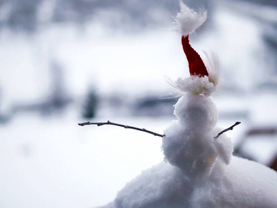 s red hat on a background of a snowy winter landscape