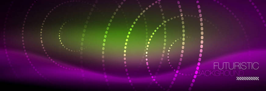 发光的霓虹灯圆线点, 圆形线设计, 黑色背景上的抽象风格。霓虹灯抽象圆圆的魔法霓虹灯和发光点