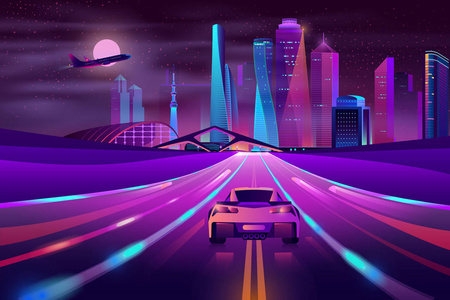 未来的大都市高速公路霓虹灯卡通向量