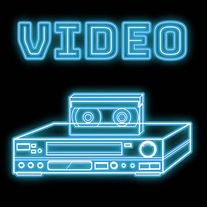 美丽的蓝色明亮的发光抽象霓虹灯标志的一个古老的复古复古录像机和录像带从 80年代, 90年代和复制空间与视频标题上的黑色背景。向