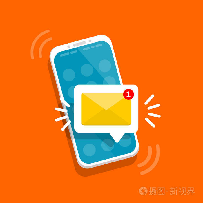 屏幕智能手机上的提醒. 新的电子邮件通知.sms消息概念的平面风格.