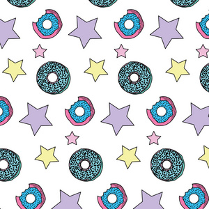 彩色美味甜甜圈和星星补丁背景矢量插图