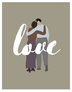 年轻浪漫的情侣肖像,男女相爱接吻. 情人节贺卡手绘矢量插图.