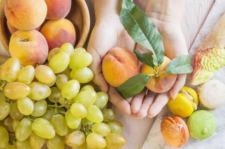 s. Woman making a choice between sweets and fruits, made a choic