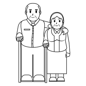 一对老年夫妇结合手杖矢量插图