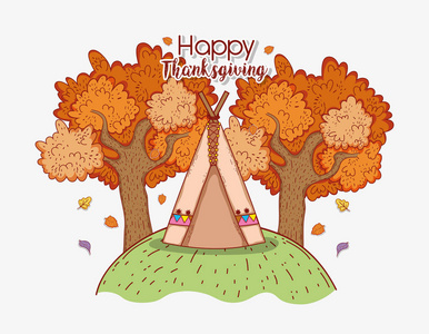 秋天树叶和露营帐篷矢量插图
