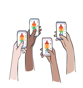 挑选完美的精子捐献者. 女性手拿着智能手机,屏幕上有照片