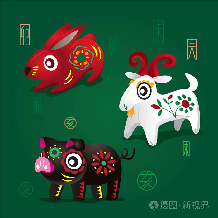 3个生肖:兔公羊和猪插画-正版商用图片17uctv-摄图新视界