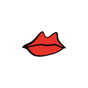 矢量手绘红色嘴唇符号标志。 图片标签打印的衣服和其他元素的设计和其他。