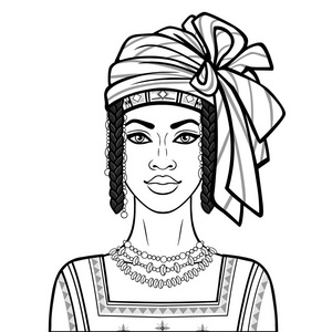 嘴唇和珠动画肖像美丽的非洲妇女在头巾古代的衣服和珠宝. 单色绘图.