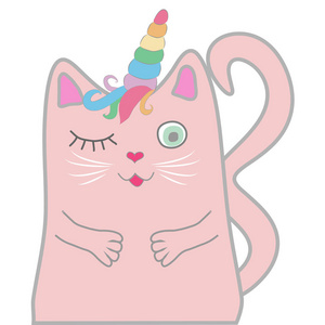 可爱的卡通粉红小猫，插图