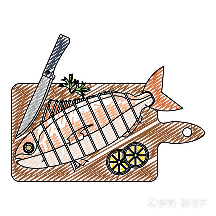 用柠檬和刀在砧板上用鳕鱼切碎的鱼的鱼