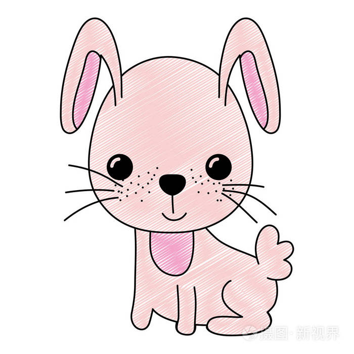 涂鸦快乐兔子坐动物与尾巴矢量插图