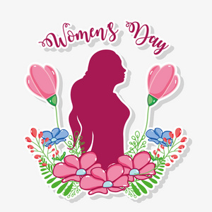 妇女日庆祝活动，妇女剪影和花卉矢量插图