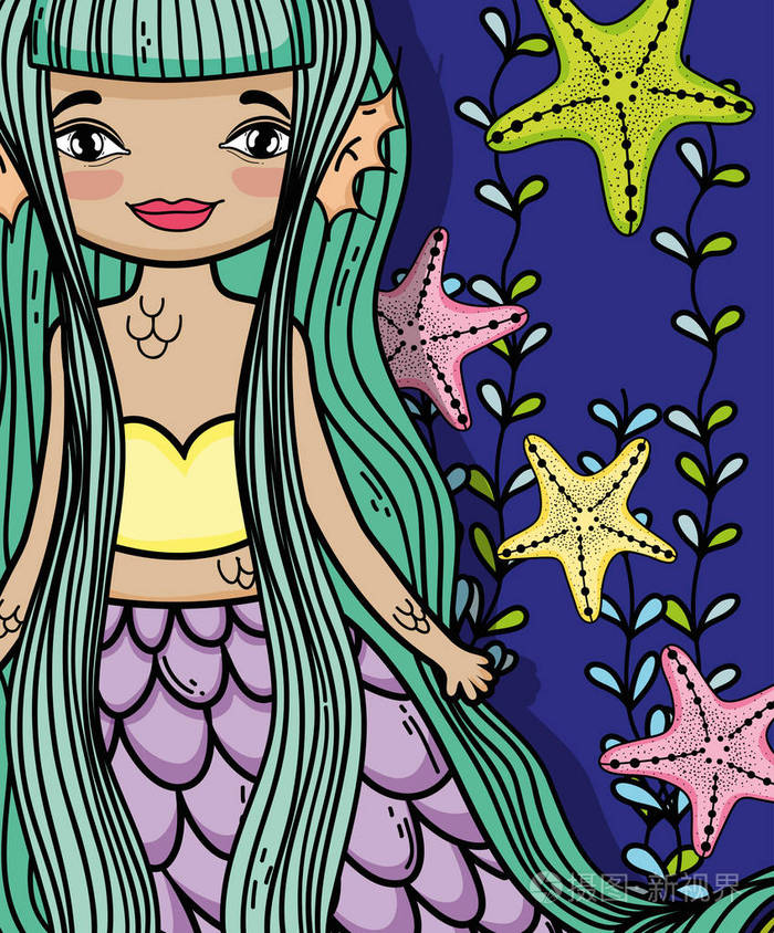 可爱的小美人鱼与幻想海洋卡通和绘图矢量插图平面设计