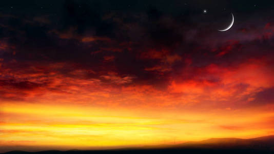 天堂。 红色的日落和月亮。 斋月背景。 半月半星。 美丽的星星。 日落和新月亮。 美丽的天空