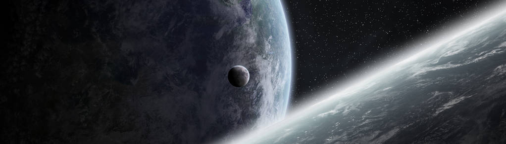 太空中遥远太阳系行星的全景图，这幅图像的三维渲染元素由美国宇航局提供