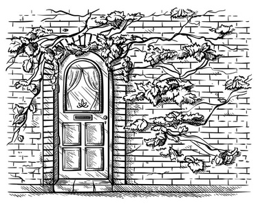 素描手绘旧木制拱门在砖葡萄编织墙矢量