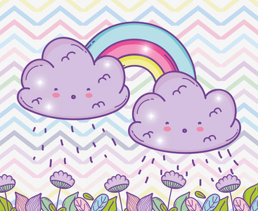 彩虹与蓬松的云和花叶矢量插图