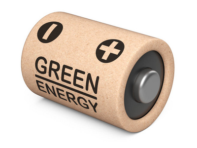 由天然成分和再生纸制成的电池。 生态能源概念。 在白色上隔离的3D插图。