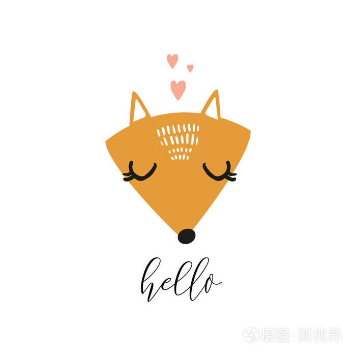矢量狐狸脸与短语你好. 可爱的手绘插图. 适合托儿所的儿童指纹.