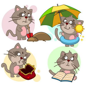 一套有趣的图标与猫为儿童，并设计猫隐藏骨头，并把猫埋在炎热的伞下度假，穷人看一个空钱包读书。