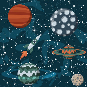 与行星和宇宙飞船的漫画空间。火箭动画片明星与科学设计