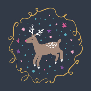 矢量可爱圣诞节和新年鹿卡通插图斯堪的纳维亚风格。 它可用于墙壁艺术贺卡海报儿童服装。