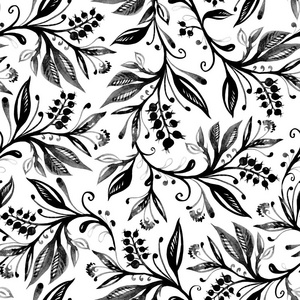 花卉无缝图案与叶子和浆果的灰度。 手绘。 标题博客装饰的背景。 壁纸纺织品面料设计。