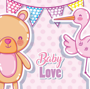 婴儿爱卡与鹳和熊矢量插图图形设计