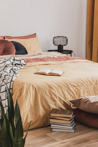 一堆书放在一张带黄色羽绒被和生姜枕头的特大床脚上