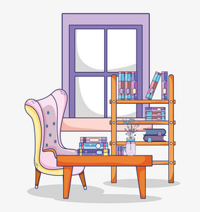 古代书桌带书籍和书桌矢量插图的书房室内设计照片