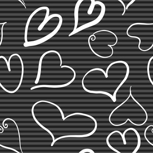 抽象无缝图案与白色心脏和条纹背景。 瓦伦丁的心用手画。 矢量插图