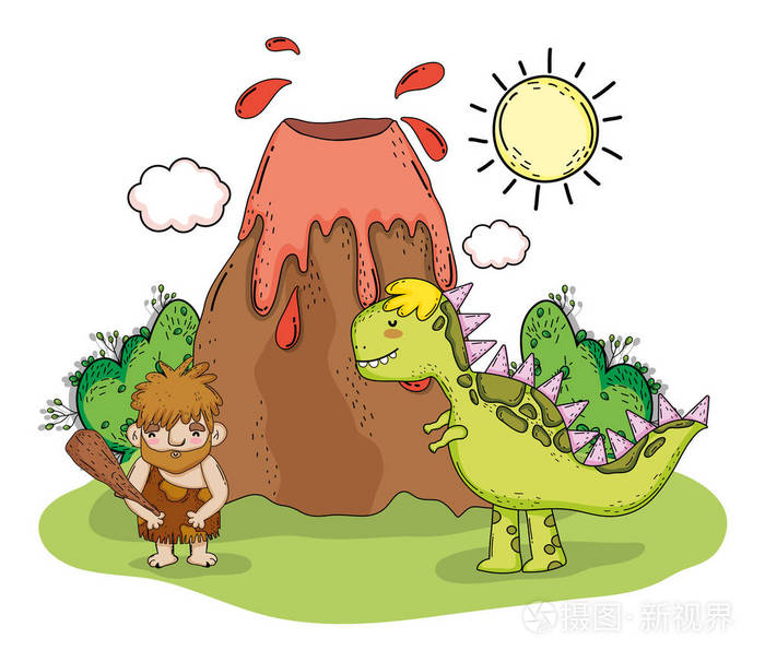 具有暴龙动物和火山矢量插图的原始人