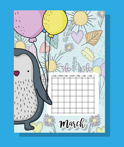 三月日历信息与企鹅和花卉矢量插图