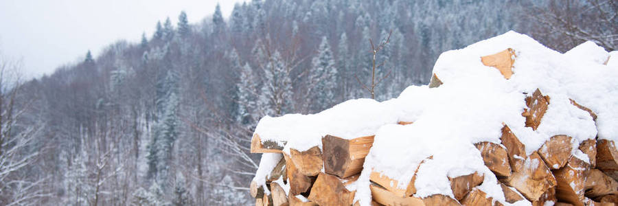 在户外的雪下砍碎的柴火