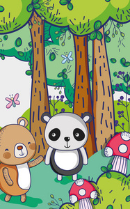 熊在森林涂鸦卡通矢量插图平面设计
