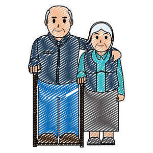 涂鸦老人夫妇与手杖矢量插图