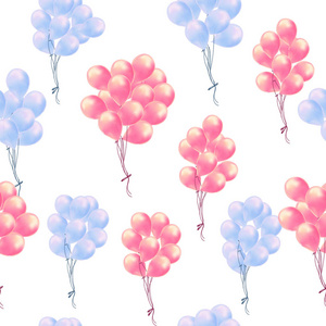 飞行发光气球彩色无缝图案背景美丽的彩色矢量插图。 粉红色蓝色白色背景。 理想的纸张或织物生日派对设计。