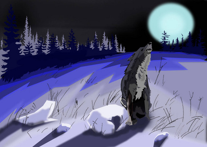 狼在月亮上嚎叫。 夜间森林冬天。