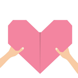 双手抱着粉红色折纸，心脏图标形状标志。 情人节快乐。 贺卡。 平面设计。 爱灵魂礼物的概念。 特写身体部分白色背景孤立矢量插图