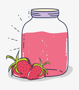 草莓果汁玻璃瓶卡通矢量插图平面设计