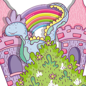 神奇的悬垂生物与城堡和彩虹矢量插图